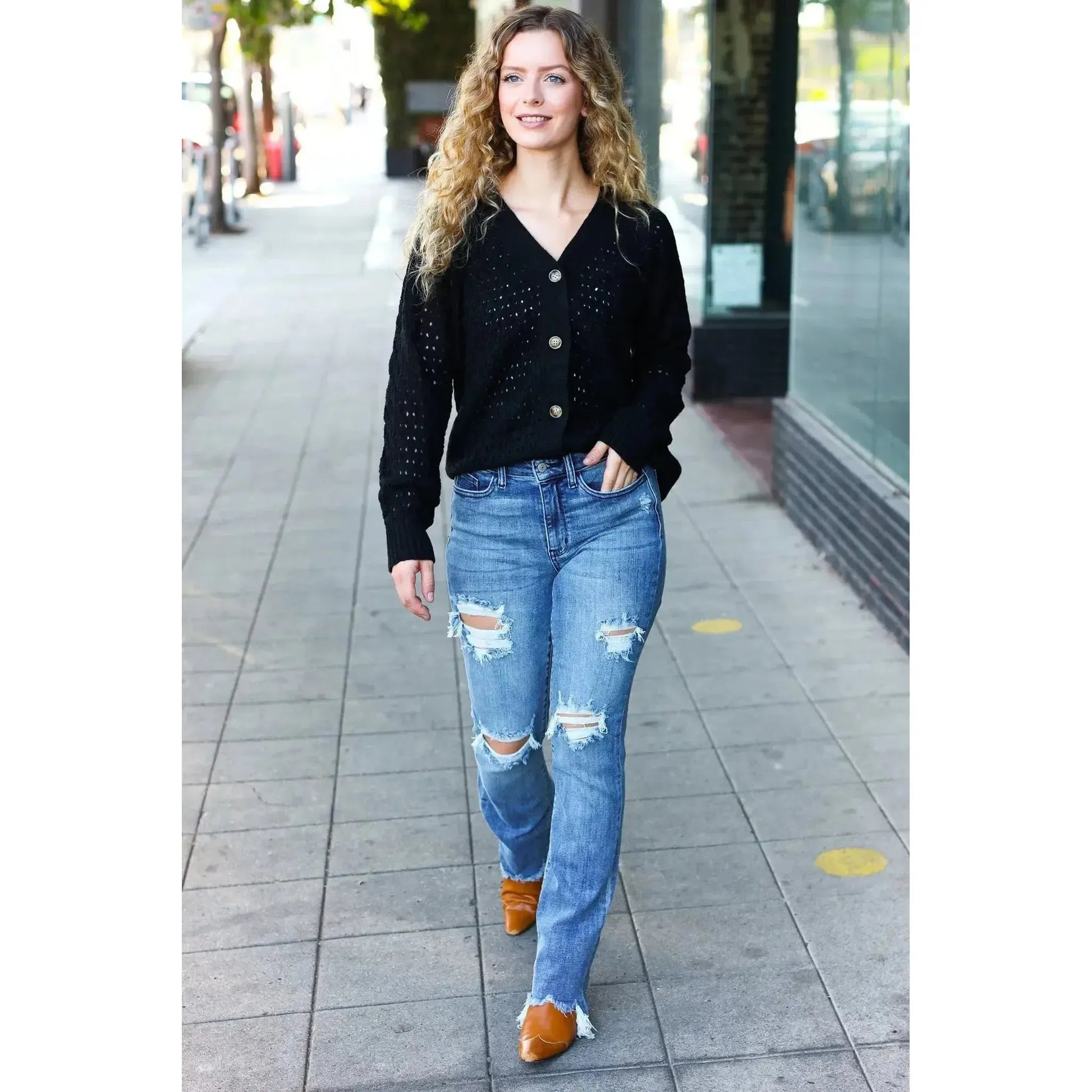 Elegant Simplicity: Follow Me Black Pointelle Cardigan-2024 Blow-Out Sale-Evelyns Fashion