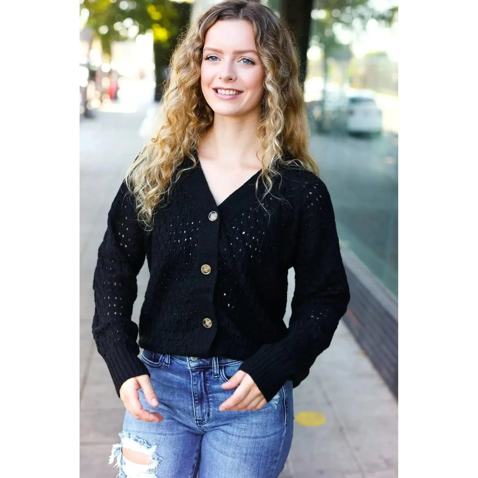 Elegant Simplicity: Follow Me Black Pointelle Cardigan-2024 Blow-Out Sale-Evelyns Fashion