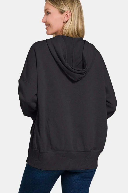 Everyday Comfort: Zenana Half Snap Hoodie-Apparel & Accessories-Evelyns Fashion