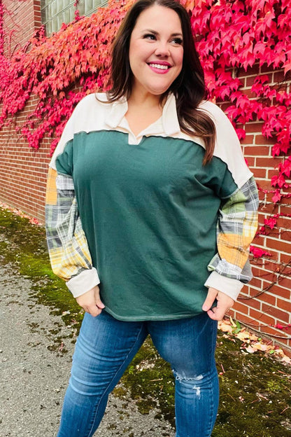 Fall For You Hunter Green Plaid Color Block Collared Terry Top-2024 Blow-Out Sale-Evelyns Fashion