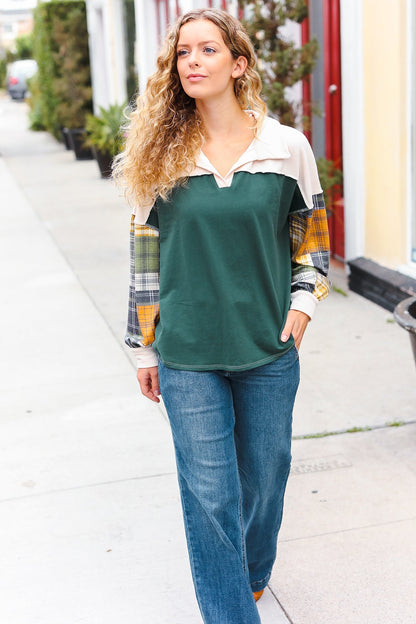 Fall For You Hunter Green Plaid Color Block Collared Terry Top-2024 Blow-Out Sale-Evelyns Fashion