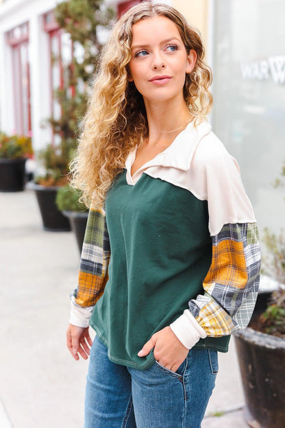 Fall For You Hunter Green Plaid Color Block Collared Terry Top-2024 Blow-Out Sale-Evelyns Fashion