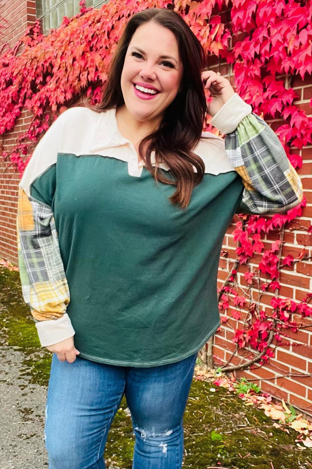 Fall For You Hunter Green Plaid Color Block Collared Terry Top-2024 Blow-Out Sale-Evelyns Fashion