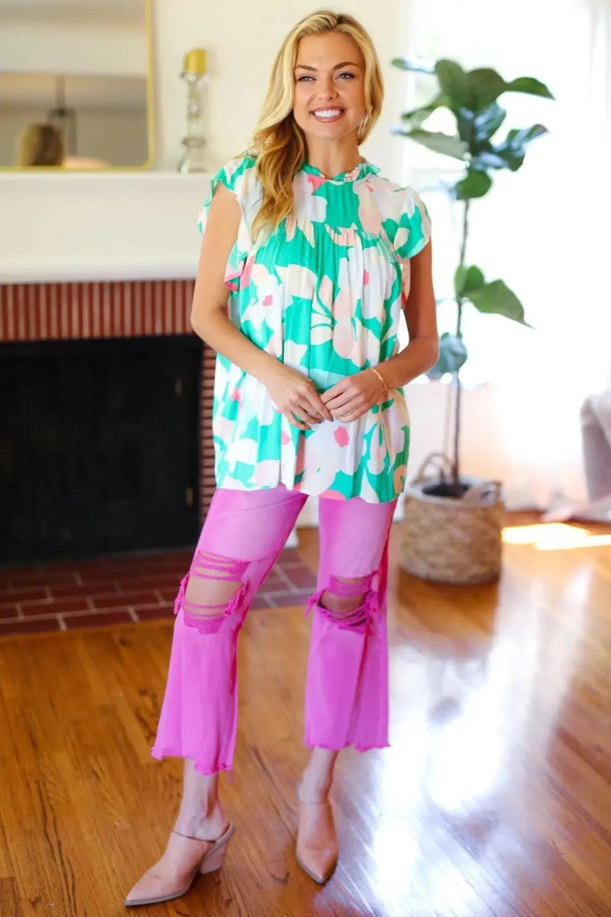 Feeling Joyful Aqua Floral Mock Neck Flutter Sleeve Top-2024 Summer Blow Out Sale-Evelyns Fashion