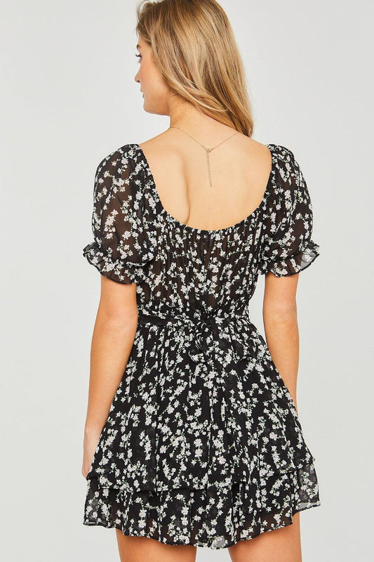 Feminine Charm: Love Tree Ditsy Floral Short Sleeve Romper-Rompers-Evelyns Fashion