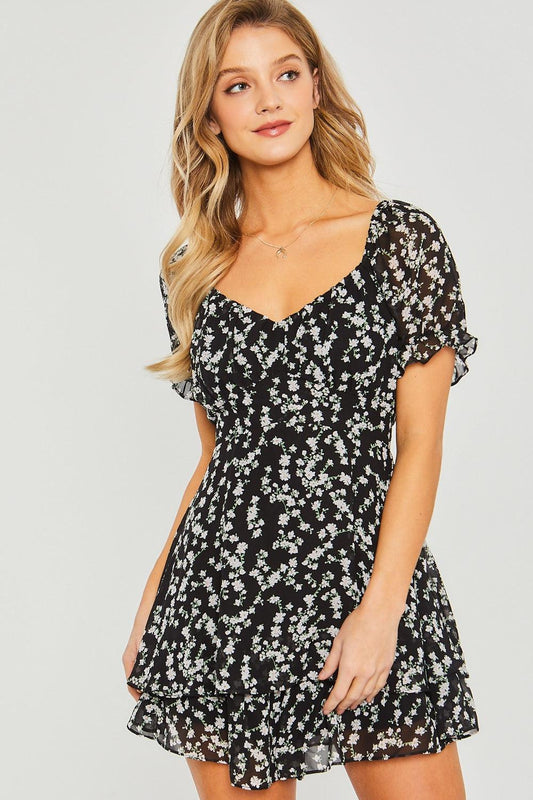 Feminine Charm: Love Tree Ditsy Floral Short Sleeve Romper-Rompers-Evelyns Fashion