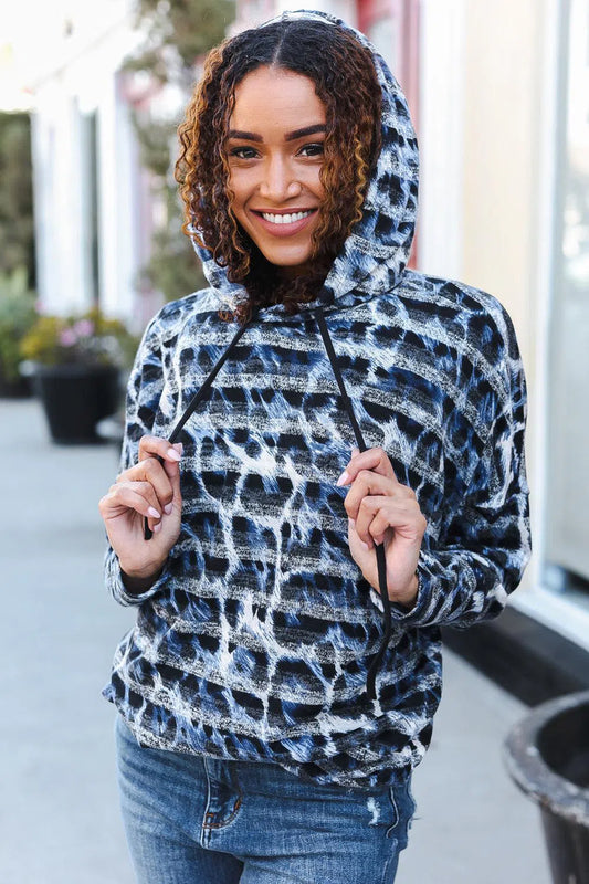 Fierce & Cozy: Blue & Black Stripe Animal Print Hoodie-Evelyns Fashion
