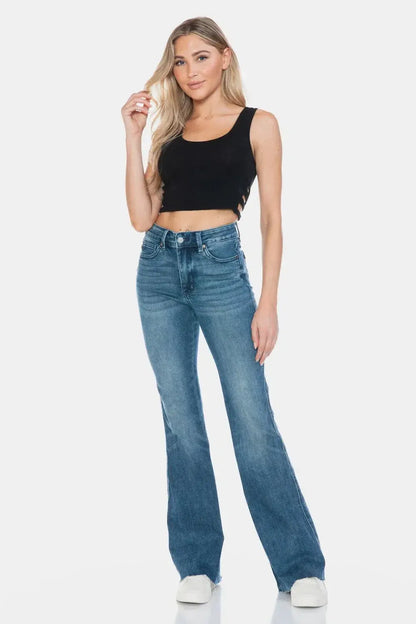 Flatter Your Silhouette: Tummy Control Cut Hem Flare Jeans-Denim-Evelyns Fashion
