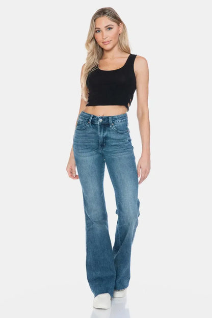 Flatter Your Silhouette: Tummy Control Cut Hem Flare Jeans-Denim-Evelyns Fashion