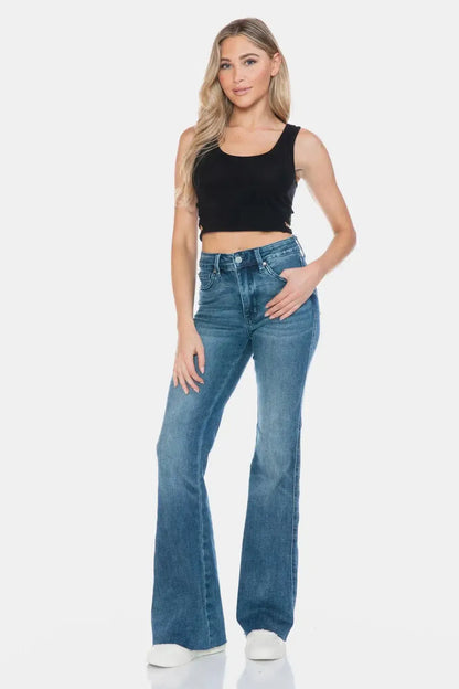Flatter Your Silhouette: Tummy Control Cut Hem Flare Jeans-Denim-Evelyns Fashion