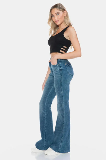 Flatter Your Silhouette: Tummy Control Cut Hem Flare Jeans-Denim-Evelyns Fashion