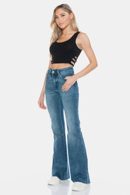Flatter Your Silhouette: Tummy Control Cut Hem Flare Jeans-Denim-Evelyns Fashion