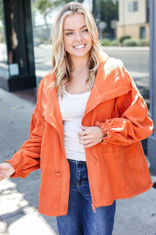 Flattering Comfort: Stylish Rust Cinched Waist Fleece Jacket-2024 Blow-Out Sale-Evelyns Fashion