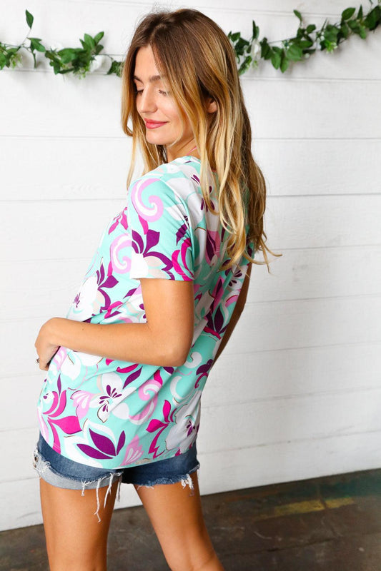 Floral Print Top-Short Sleeve Blouse-Evelyns Fashion