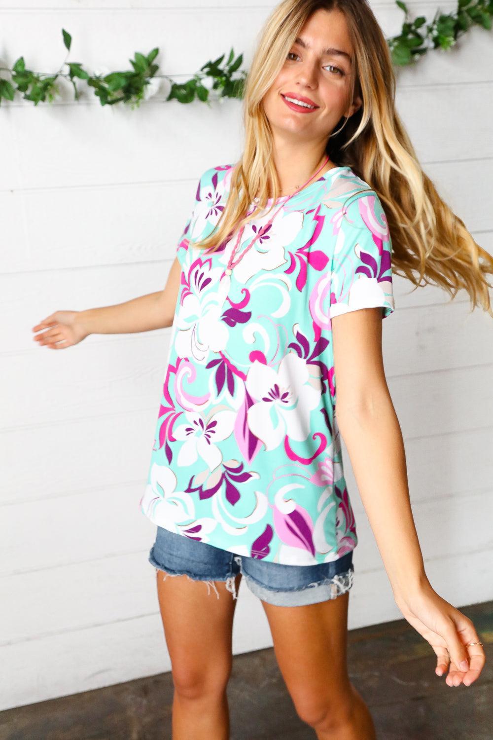 Floral Print Top-Short Sleeve Blouse-Evelyns Fashion