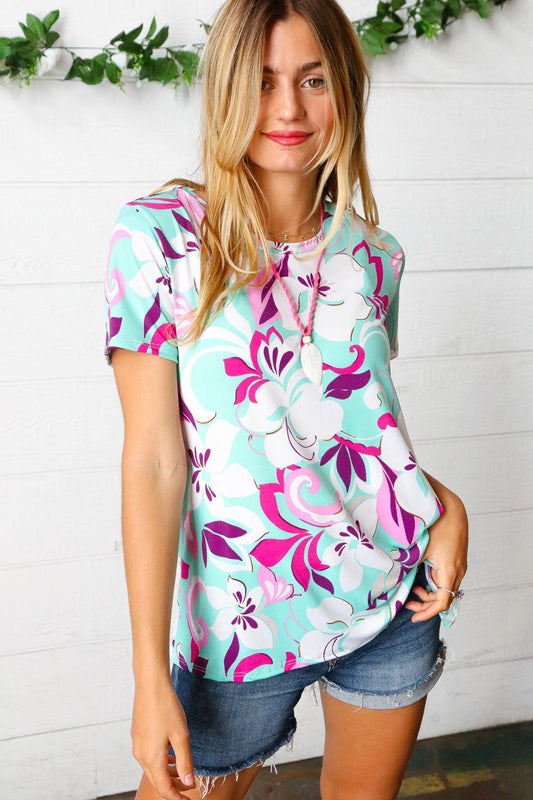 Floral Print Top-Short Sleeve Blouse-Evelyns Fashion