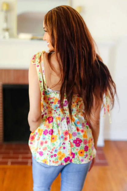 Floral Smocked Shoulder Tie Top for Sunny Days-2024 Blow-Out Sale-Evelyns Fashion
