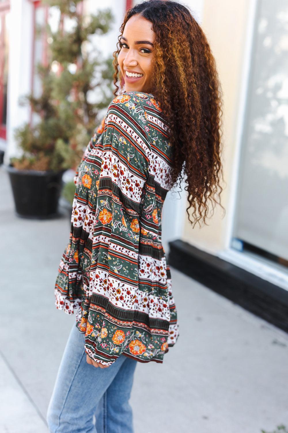 Floral Stripe Woven Blouse-Short Sleeve Blouse-Evelyns Fashion