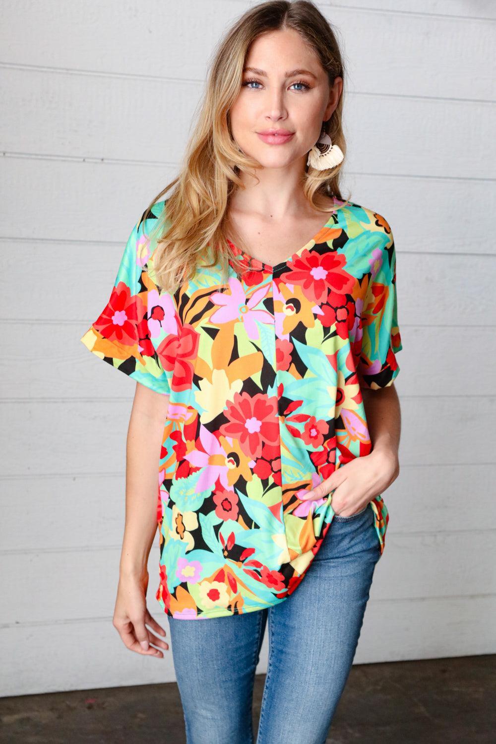 Floral V Neck Top-Short Sleeve Blouse-Evelyns Fashion