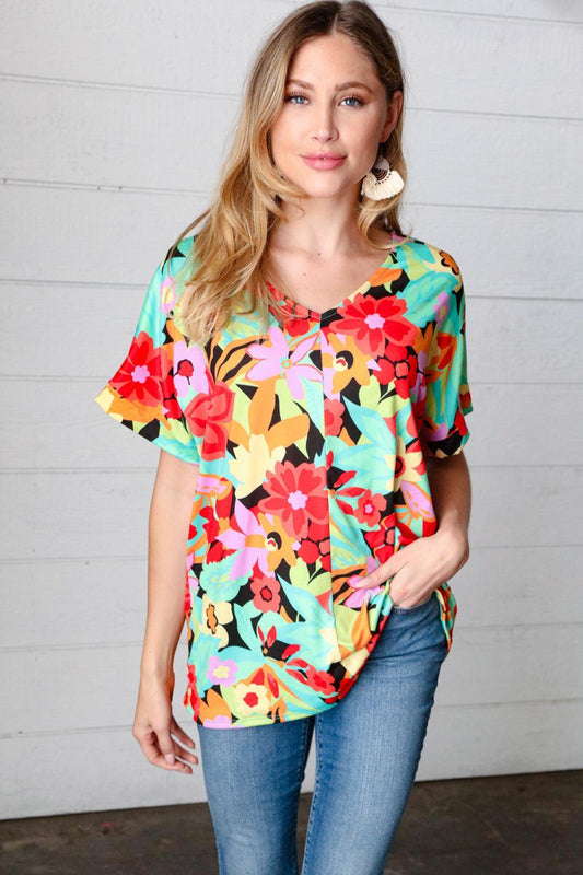 Floral V Neck Top-Short Sleeve Blouse-Evelyns Fashion