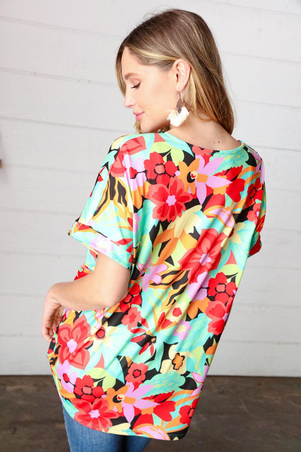 Floral V Neck Top-Short Sleeve Blouse-Evelyns Fashion