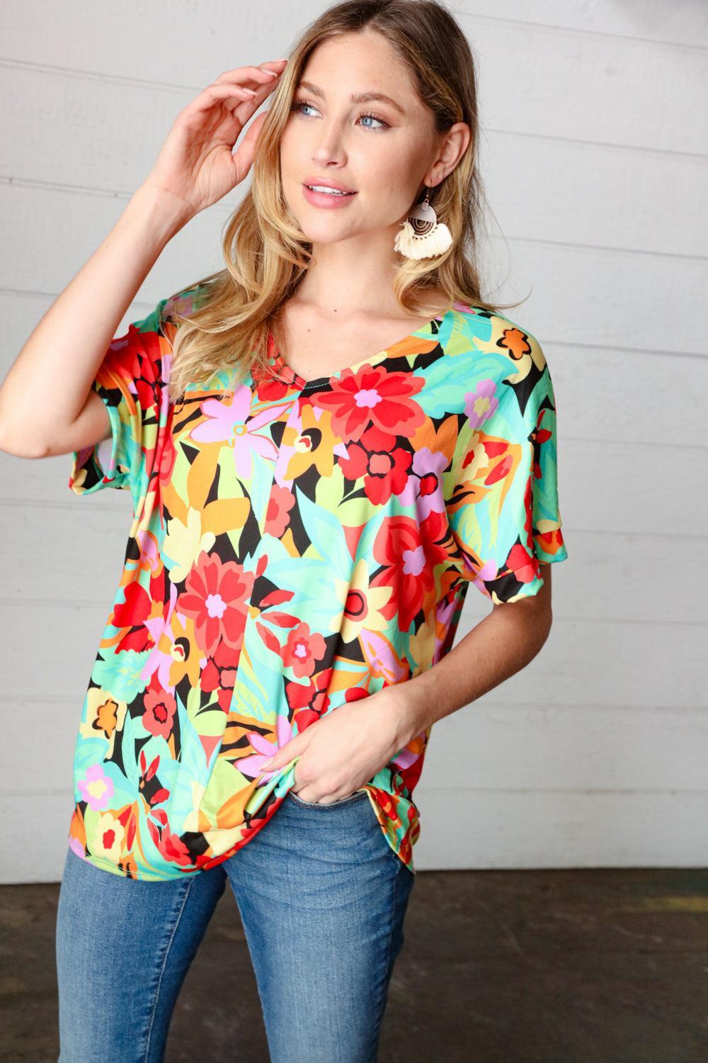 Floral V Neck Top-Short Sleeve Blouse-Evelyns Fashion