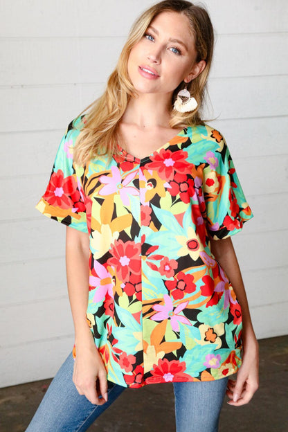 Floral V Neck Top-Short Sleeve Blouse-Evelyns Fashion