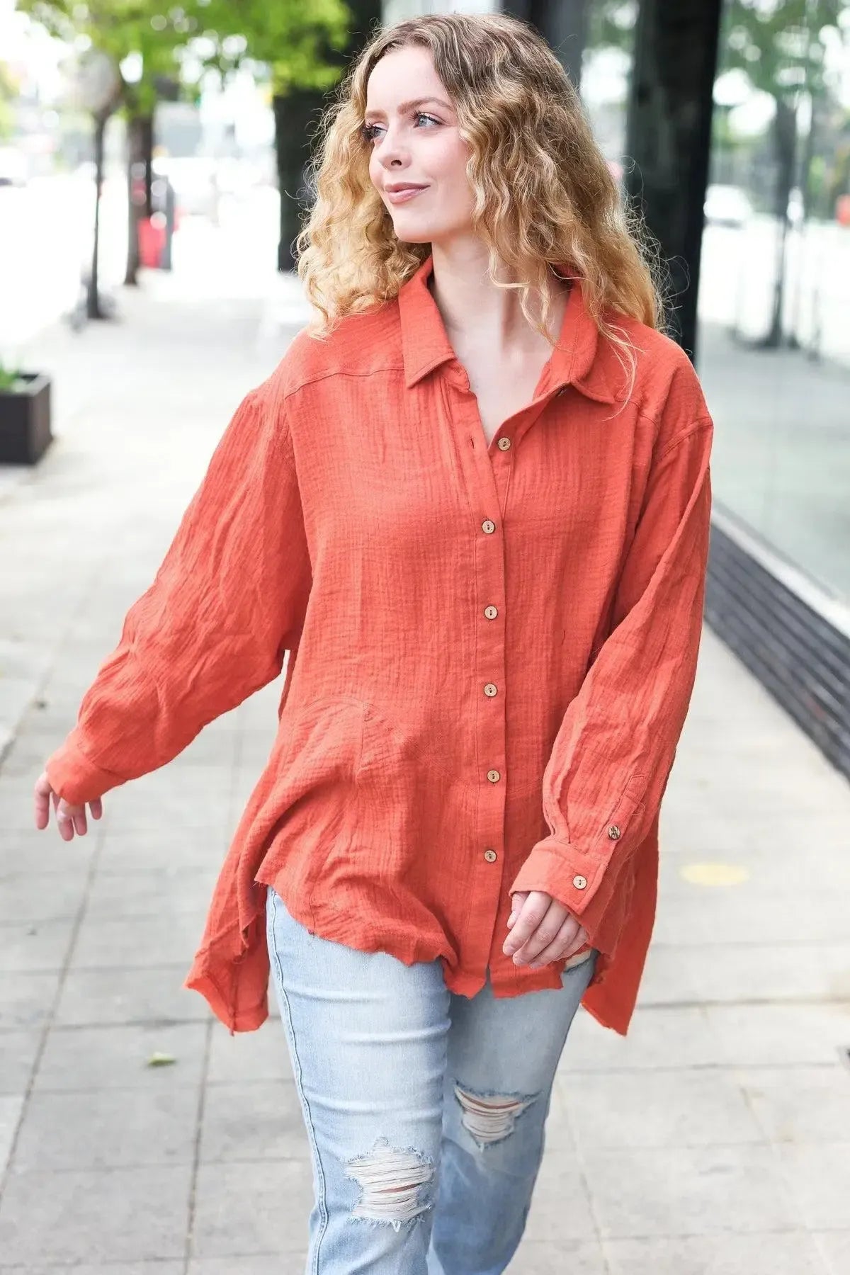 Flowy & Timeless: Everyday Rust Button Down Sharkbite Tunic-2024 Blow-Out Sale-Evelyns Fashion