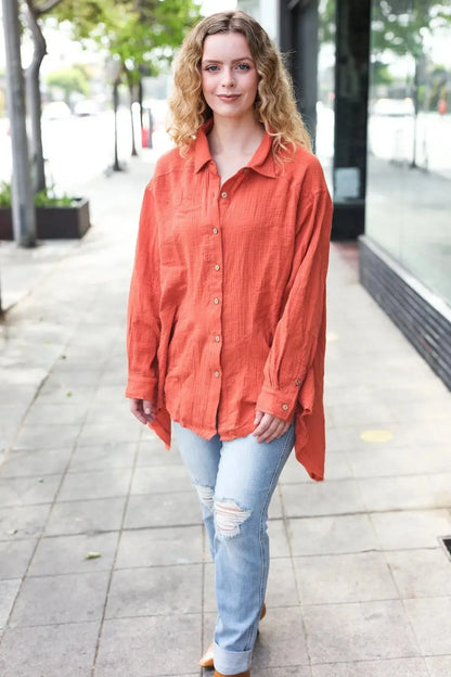 Flowy & Timeless: Everyday Rust Button Down Sharkbite Tunic-2024 Blow-Out Sale-Evelyns Fashion