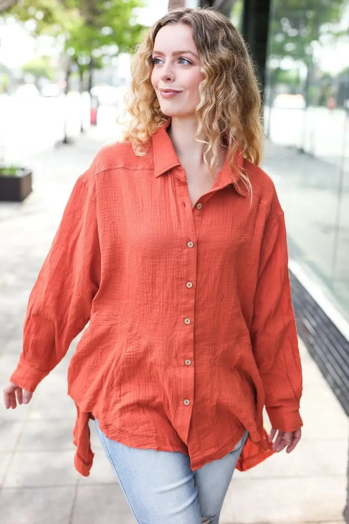 Flowy & Timeless: Everyday Rust Button Down Sharkbite Tunic-2024 Blow-Out Sale-Evelyns Fashion