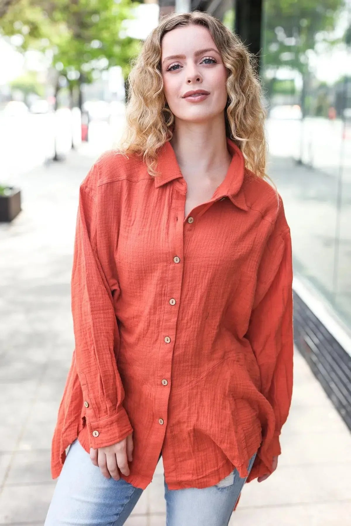 Flowy & Timeless: Everyday Rust Button Down Sharkbite Tunic-2024 Blow-Out Sale-Evelyns Fashion
