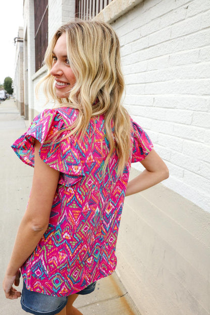 Fuchsia Abstract Blouse – Bold, Lightweight & Statement-Making-Short Sleeve Blouse-Evelyns Fashion