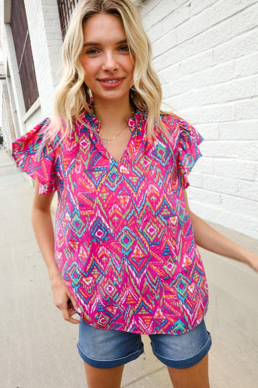 Fuchsia Abstract Blouse – Bold, Lightweight & Statement-Making-Short Sleeve Blouse-Evelyns Fashion