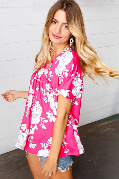 Fuchsia Floral Dolman Top-Short Sleeve Blouse-Evelyns Fashion