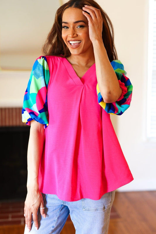 Fuchsia Geo Print V Neck Top-Short Sleeve Blouse-Evelyns Fashion