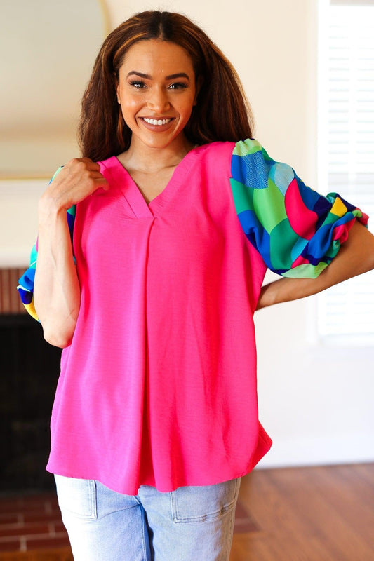 Fuchsia Geo Print V Neck Top-Short Sleeve Blouse-Evelyns Fashion