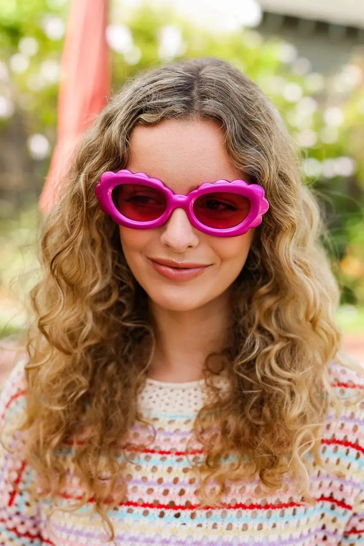 Fuchsia Oval Cat Eye Scalloped Sunglasses-2024 Blow-Out Sale-Evelyns Fashion