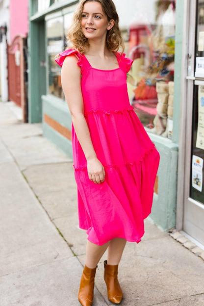 Fuchsia Smocked Midi Dress-Dresses-Evelyns Fashion