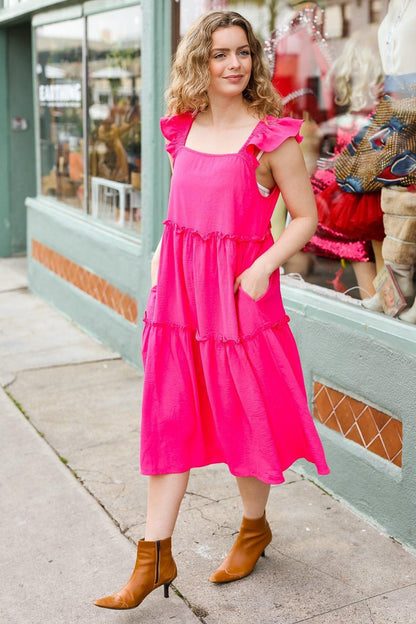 Fuchsia Smocked Midi Dress-Dresses-Evelyns Fashion