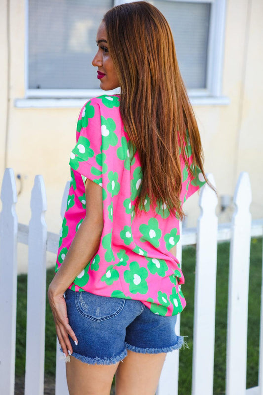 Green And Pink Print Blouse Top-Blouses-Evelyns Fashion