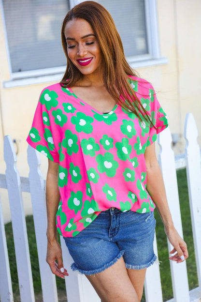 Green And Pink Print Blouse Top-Blouses-Evelyns Fashion