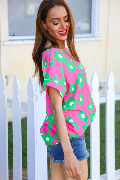 Green And Pink Print Blouse Top-Blouses-Evelyns Fashion