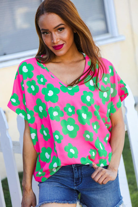 Green And Pink Print Blouse Top-Blouses-Evelyns Fashion