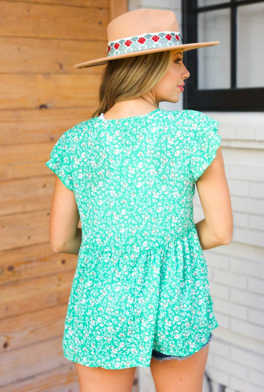 Green Floral Babydoll Top-Short Sleeve Blouse-Evelyns Fashion