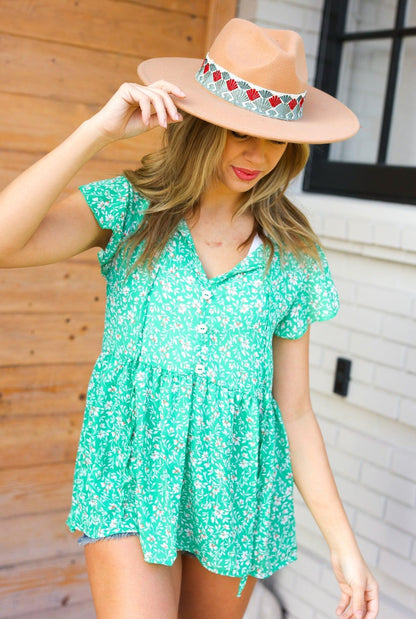 Green Floral Babydoll Top-Short Sleeve Blouse-Evelyns Fashion