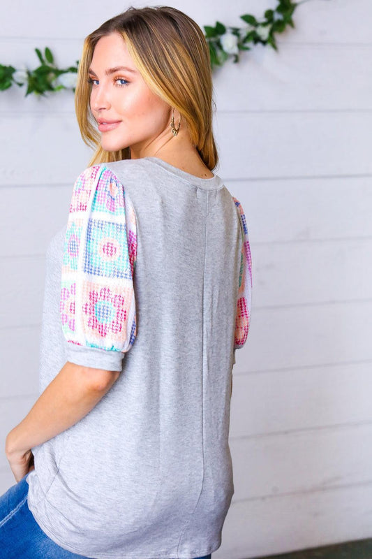 Grey Floral Crochet Puff Sleeve Top-Short Sleeve Blouse-Evelyns Fashion