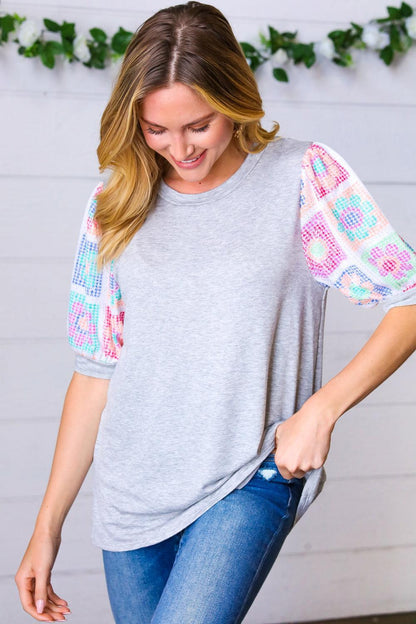 Grey Floral Crochet Puff Sleeve Top-Short Sleeve Blouse-Evelyns Fashion