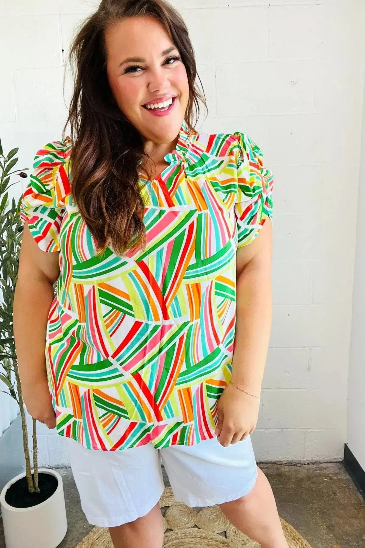 Hello Beautiful Green & Orange Geo Frill Notch Neck Puff Sleeve Top-2024 Blow-Out Sale-Evelyns Fashion