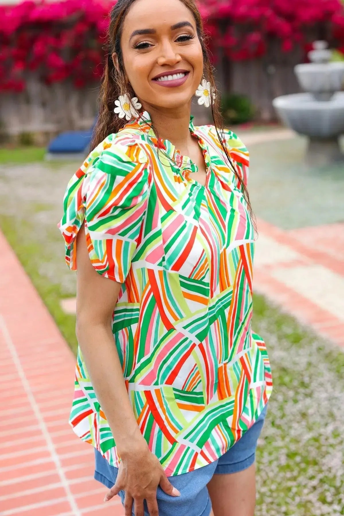 Hello Beautiful Green & Orange Geo Frill Notch Neck Puff Sleeve Top-2024 Blow-Out Sale-Evelyns Fashion