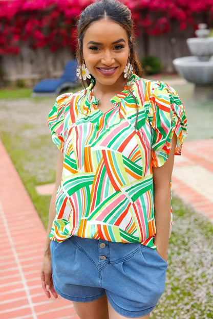 Hello Beautiful Green & Orange Geo Frill Notch Neck Puff Sleeve Top-2024 Blow-Out Sale-Evelyns Fashion